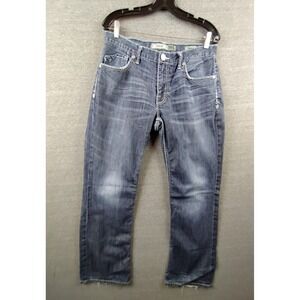 BKE Mens Jeans 31R Blue Denim Derek Straight‎ Leg Whiskering Thick Stitch Street